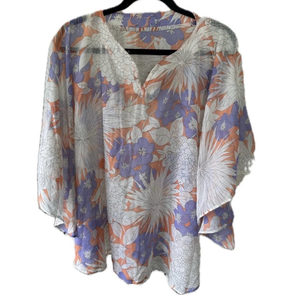 Handmade Floral Sheer Poncho Batwing Swim Cover Up Blouse One Size